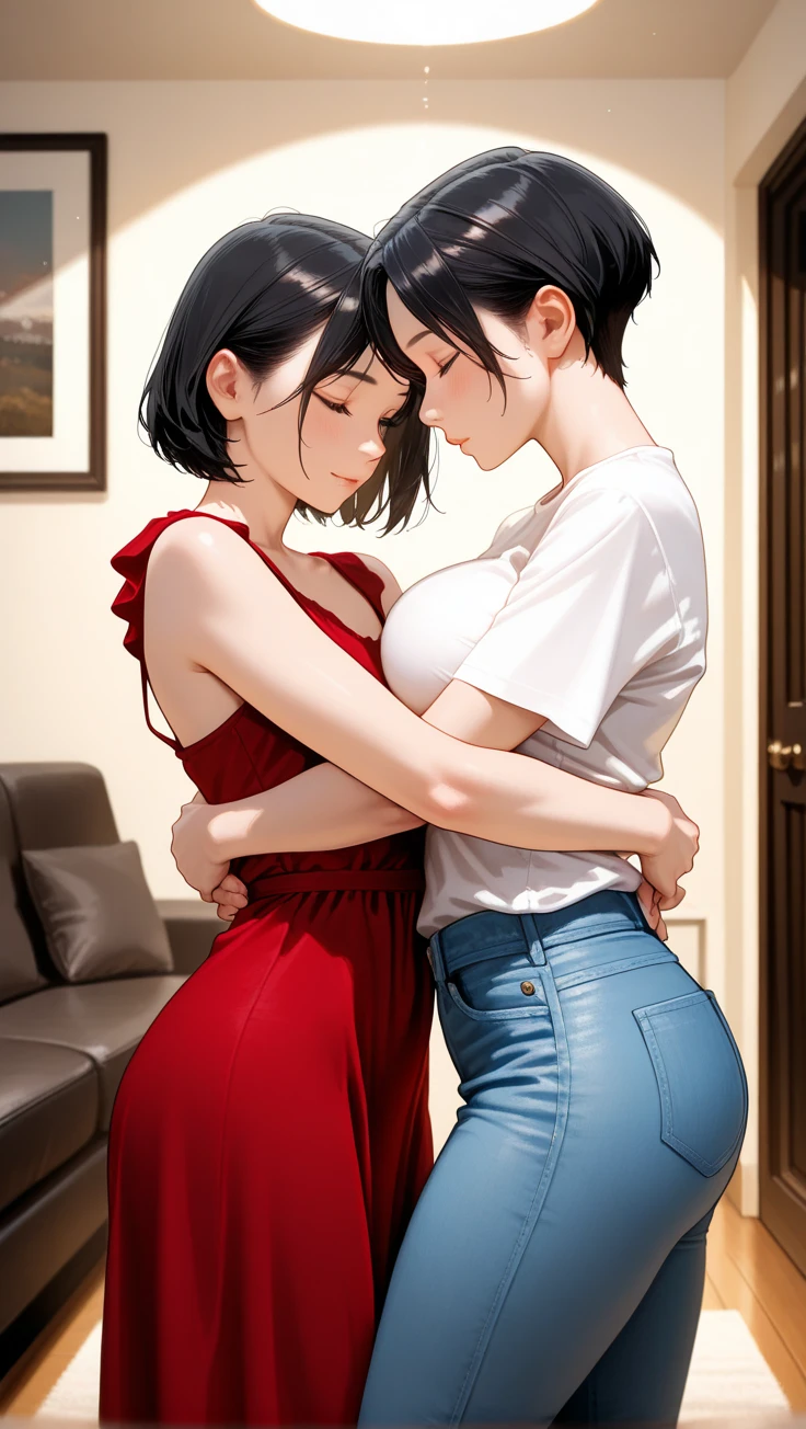 (Practical, photo-Practical:1.4), (best quality,masterpiece:1.2), RAW photos, high resolution, Intricate details, Extremely detailed, Clear focus, Movie Lighting, (whole body, Frontal photography:1.5), (couple, Two girls, A tall girl and a short girl:1.6), Japanese women standing, (couple hugging tightly each other and kissing roughly:1.5), (Grabbing another person's arm, Grab someone else's ass), Leaning against the wall outside the classroom, The face becomes smaller, Thin, slim的, slim, Thin legs, (Casual suits, skirt, Bare Legs, sock, Loafers, Wearing Tokiwadai School:1.4), Black Hair, (Delicate face, Beautiful and delicate eyes, Delicate nose), Pale skin,
(Own, Frequent urination while hugging each other, urination:1.8), (big piss pit, Urine stains, Urine runs down the legs),
Photo Background, indoors, hall,