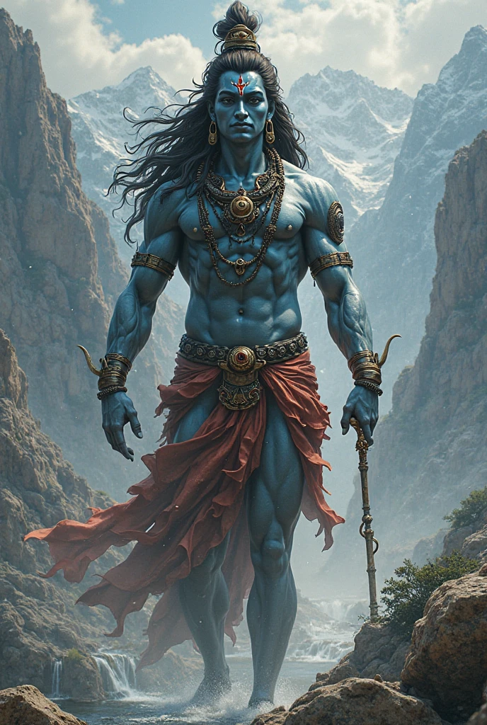 A sexy indian man dressed as lord Shiva, handsome face ,long curly black hair , , head to thighs on focus , (penis), homoerotic, nsfw , holding a trident,