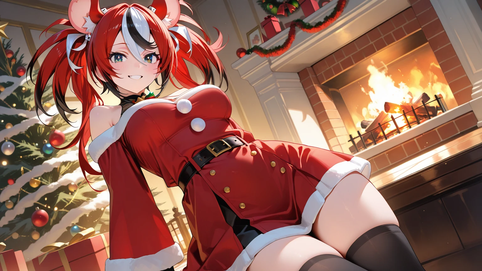 1girl, solo, masterpiece, best quality, high res, highly detailed, (illustration), beautiful detailed eyes,pyra red eyes ,glossy lips, makeup, smile, long white satin elbow gloves, cowboy shot, (santa), red santa dress, santa hat, strapless dress, full body, white elbow gloves