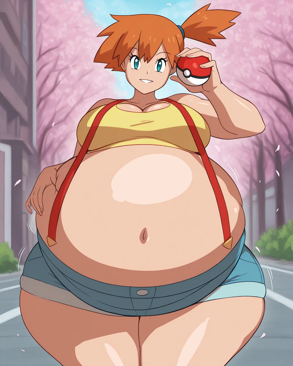 1 garota, personagem_Pokémon_Poderia, shorts de bicicleta, Camiseta vermelha, bandana vermelha, barriga, dedo de camelo realista, hiperrealista, obra de arte, mais alta qualidade, altamente detalhado, rosto e olhos detalhados, arte oficial, 8k, BBW, gordinha, barriga fofa, pernas grandes, full arms, super fat, muito obeso