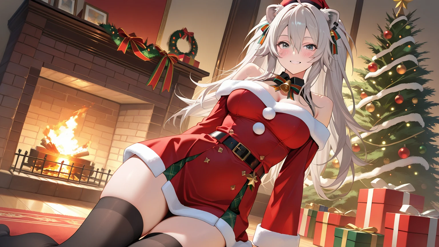 1girl, solo, masterpiece, best quality, high res, highly detailed, (illustration), beautiful detailed eyes, defCorrin, black hairband, long hair, white hair, red eyes ,glossy lips, makeup, smile, long white satin elbow gloves, cowboy shot, (santa), red santa dress, santa hat, strapless dress