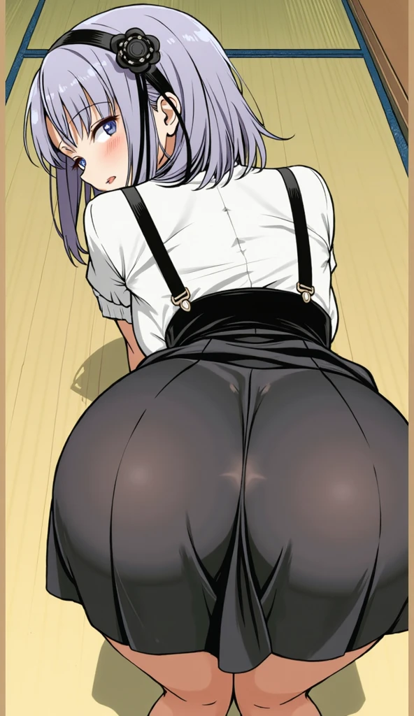 _asura style, medusa (fate), black sweater, jeans, sitting on stool, anal sex, ass focus, huge penis, 1girl, 1boy, hetero, cleavage, navel, large_breasts, blush, thighs, wet