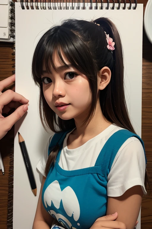 Realistic portrait of a 6 year old Asian girl ((white skin)) cute, cute smile, ((holding a 16-inch drawing board)), wearing colorful t-shirt and short skirt, trendy fashion, long hair braid, ((bracelet)), background family living room, medium view, detailed facial details, perfect face, clarity, trendy art, sharp facial details, super fine details, 4k, 8k lighting smooth, --iso 100 dreamy, fashion-- --auto --s2
