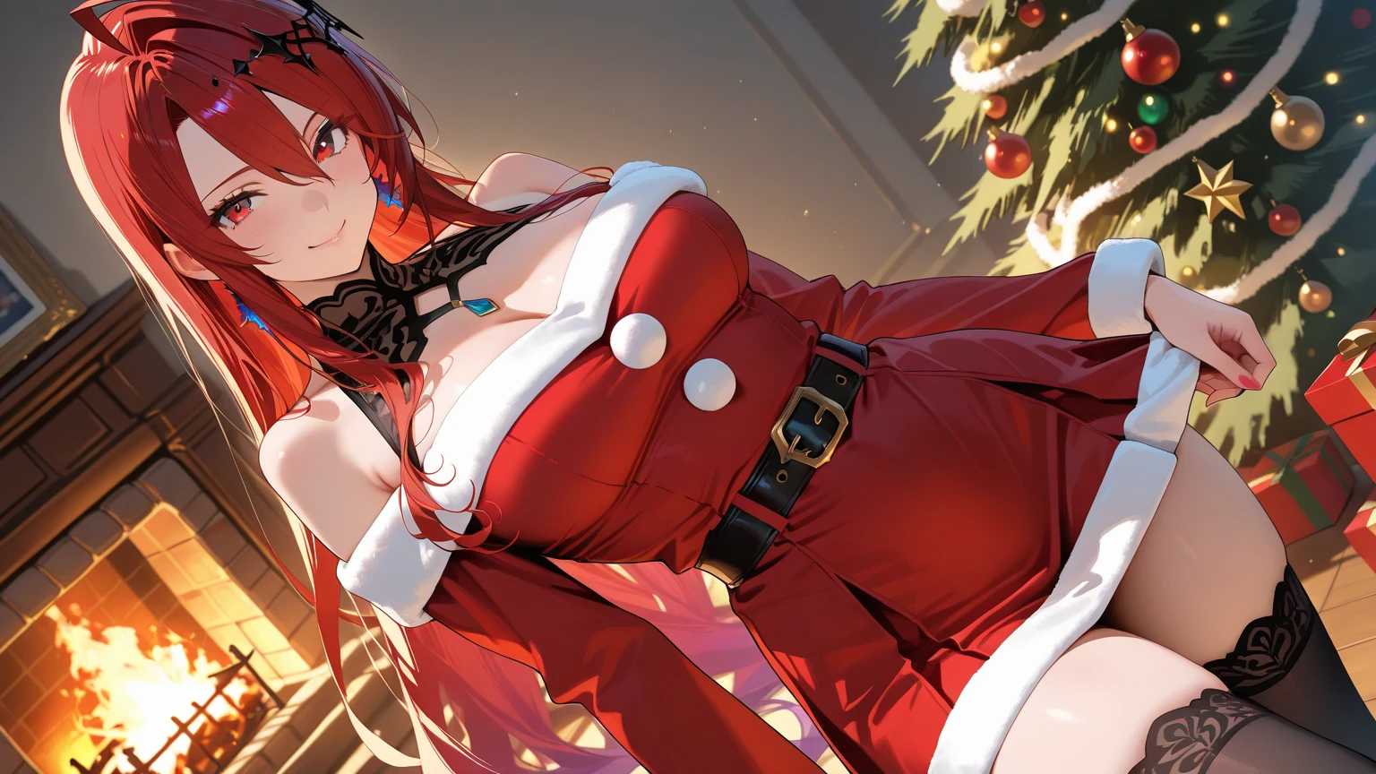 "anime girl, 1 person, bright red hair, shoulder length hair, dark red eyes, Santa hat, Santa tube costume, red dress, big breasts, discreet, stockings, holding Christmas gift box, Christmas gift box birth, snowfall, solo, front view, (full HD 4K+ photo)"