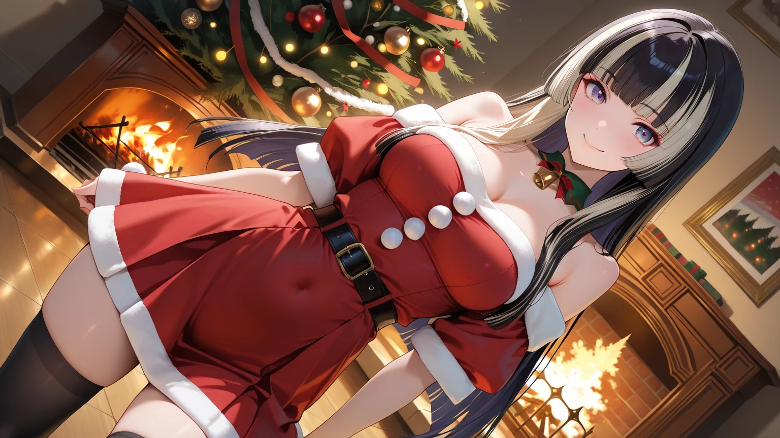 Illustrate Santa and his sleigh executing an elegant dance in the sky, surrounded by cascading fractal snowflakes and presents suspended in mid-air. enormous tits