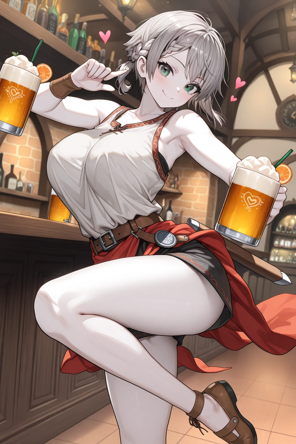 NSFW, masterpiece, standing insanely hot (woman 1) using sexy, (((cute pose)), (thick thigths), (fear expression), blushed face, red eyes, brown hair, very big boobs, from below, eye patch, medival tavern, beer, gigantic ass