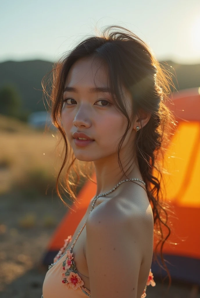 1 woman, Korea people, brown hair, honey colored hair,((upper body selfie, happy)), Shooting in a tent, wearing a bikini, beautiful backlight, Tent Open Sign,masterpiece, best quality, overly detailed, alone, Exterior, (night), mountain, nature, (star, moon) cheerful, satisfied,, Lie comfortably in your sleeping bag, inside the tent, When I open the tent, You can see pretty riders outside.., forests, rock formation, descent, forest, performance, Shady, contrast, clear sky, analog style (look up at the viewer:1.2) (skin texture) (film grain: 1.3), (Warm shade, warm tone:1.2), enlargement, cinematic light, side lights, ultra high resolution, best shadow, ..raw, bust, wearing a pullover, Relaxed and intimate photos, brown hair,
