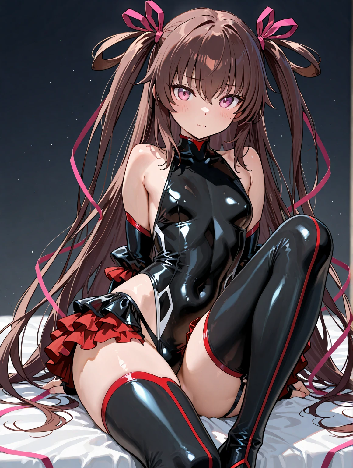 Browsing Caution, Highest quality,masterpiece,8k,One Girl,orgasm,blush, Sweat,mizuki yukikaze,Hair Ribbon, Black leotard, taimanin suit, One brown skin　Brown Hair　Long Hair Peace Tan, - Elbow hand pockets, Fur trim, Fingerless gloves, Frilled leotard, Thigh-high boots　Leg spread, Open legs,, show off　masterpiece, 8k, Super detailed, Highest quality, High resolution)、Highest quality、Short and plump、、Perfect balance、 mizuki yukikaze, taimanin suit, One Piece Tan, High resolution, 8k, 4K, Perfect Face, Perfect Eyes, lips, Spread legs nsfwhuge nipples 