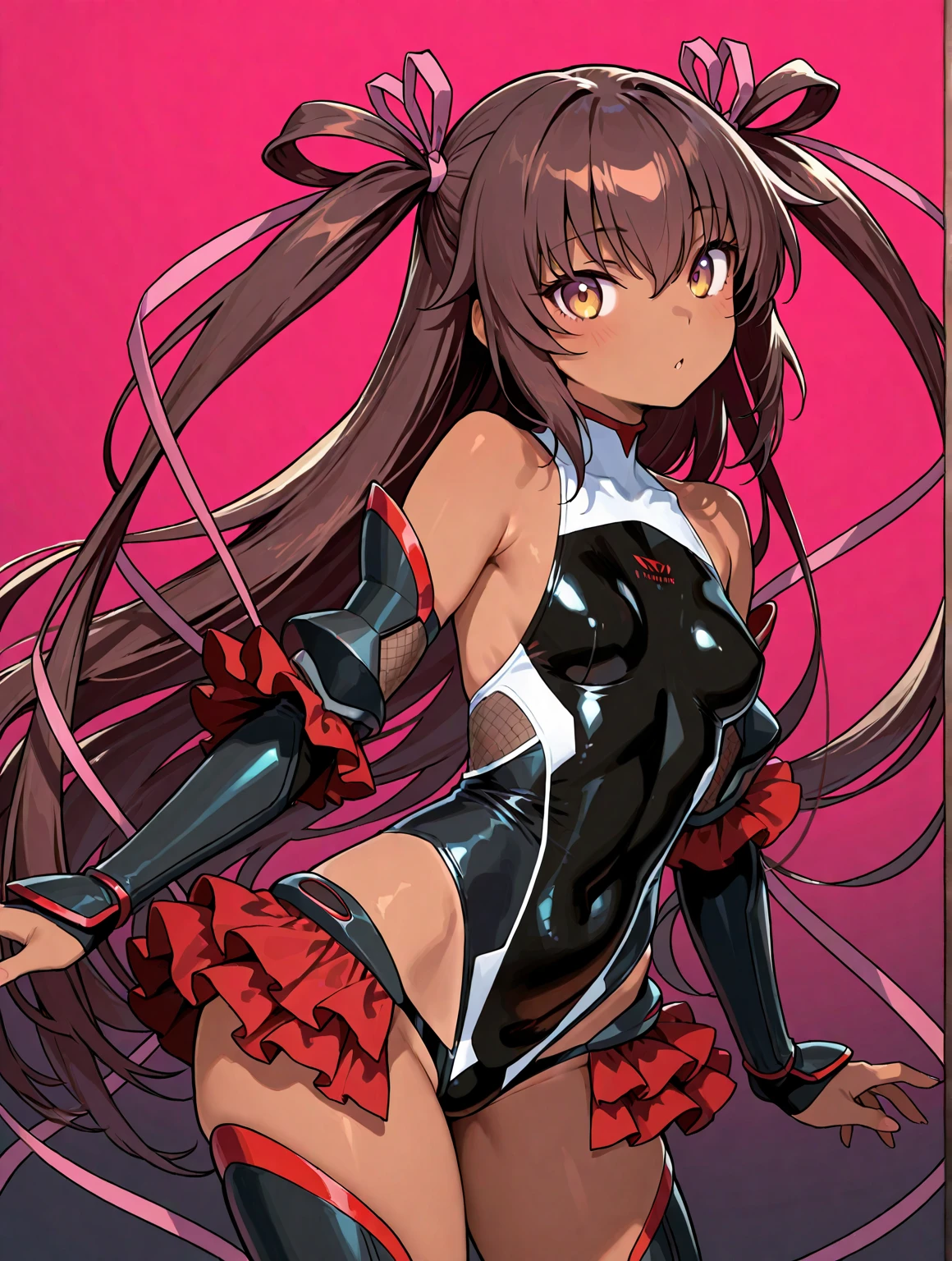 masutepiece, Best Quality, Pose leaning against wall,Crab crotch,A dark-haired,Pink leotard,highleg, Elegant, 1girl in, thigh high boots, well-muscled,Cute, blushed, Looking at Viewer, From above,, Mini skirt, White and black striped T-shirt, Blue eyes, Beautiful eyes, Beautiful background, light Particle, Sun rays, Dramatic Lighting, Outside, shiny, Realistic, masutepiece, Best Quality, Ultra-detailed, Detailed, Scenery, Beautiful detailed eyes, detailed hairs