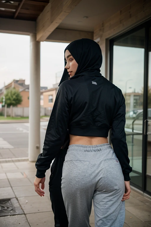 mia 20 years old , wearing hijab , white tanktop , tight legging ,nike sport , at the street