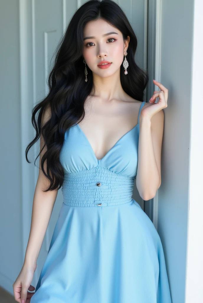 21yo girl, princess gown, blue background 