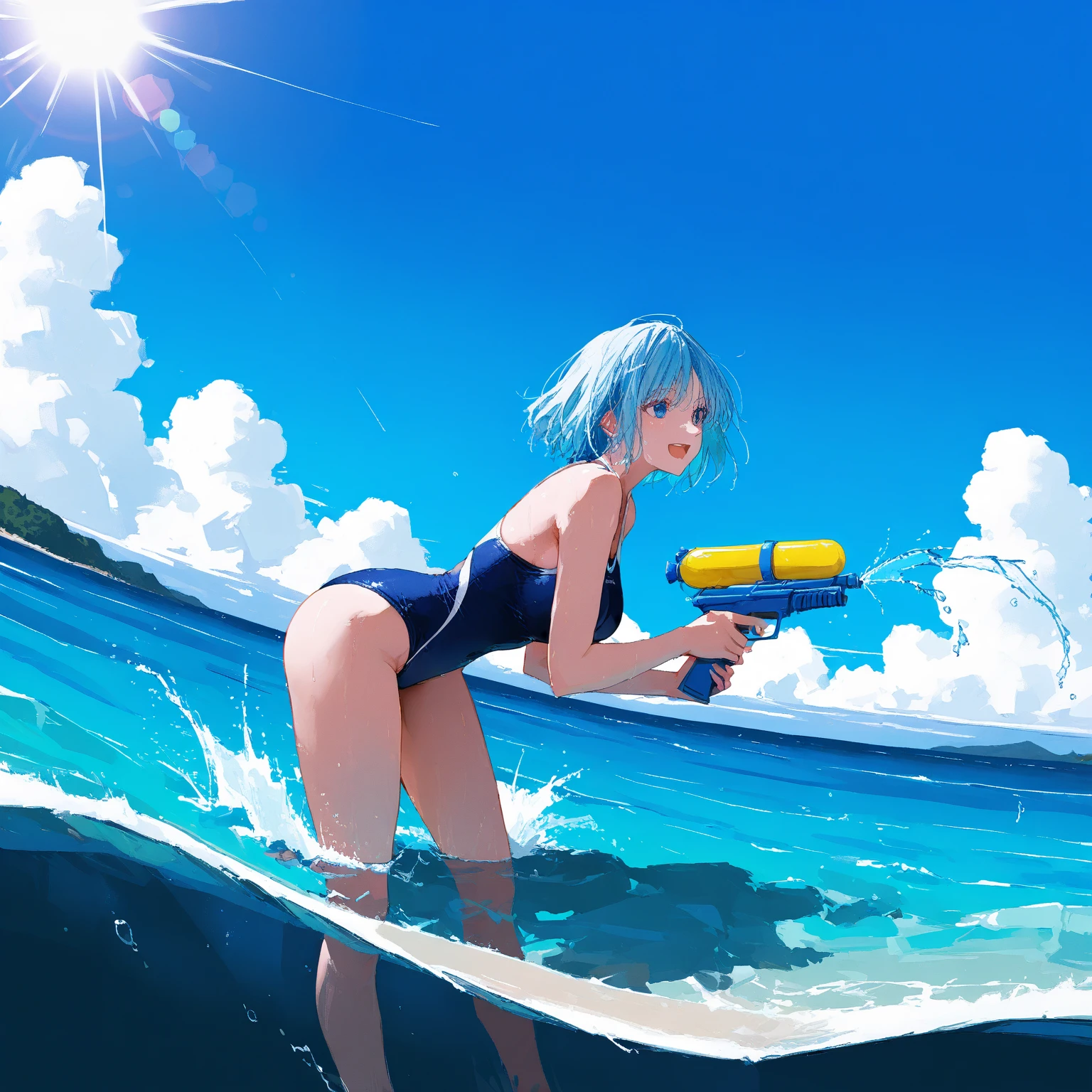 photorealisim, ((Rei Ayanami)from a(Neon Genesis Evangelion)), (Face the camera directly),(Immerse in water to knee depth), Perfect smile ,Princess Eyes, Naked, Realistic Beautiful Girl Full Body Potra, 14 years old, de pele branca, Beautiful eyes, Fantastic face, beautiful look,8k resolution concept art portrait, in beach, (Under the midsummer sun) , Pulp Adventure Style, fluid acrylic, Dynamic gradients, Vivid Color, illustratio, Highly detailed vector curves, It features a simple, Smooth and clean, Vector art, Smooth, Character Design, 3D Shading, Cinematic, ornate pattern, elegant organic framing, Hyper-Realism, Posterized, Collection of masterpieces, Green grass々And bright colors, Wet gouache, Reallife Human, --auto