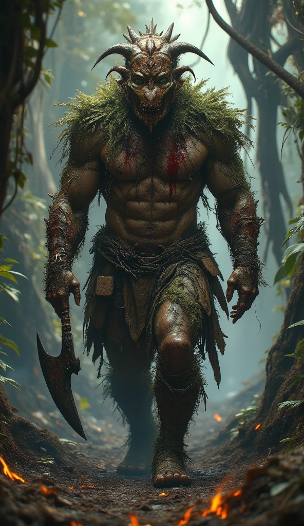 10 year old werewolf boy,Topless,Red skin,covered in wounds,Muscle fullness,Smooth skin,Standing on a mud plank,Well-developed chest muscles