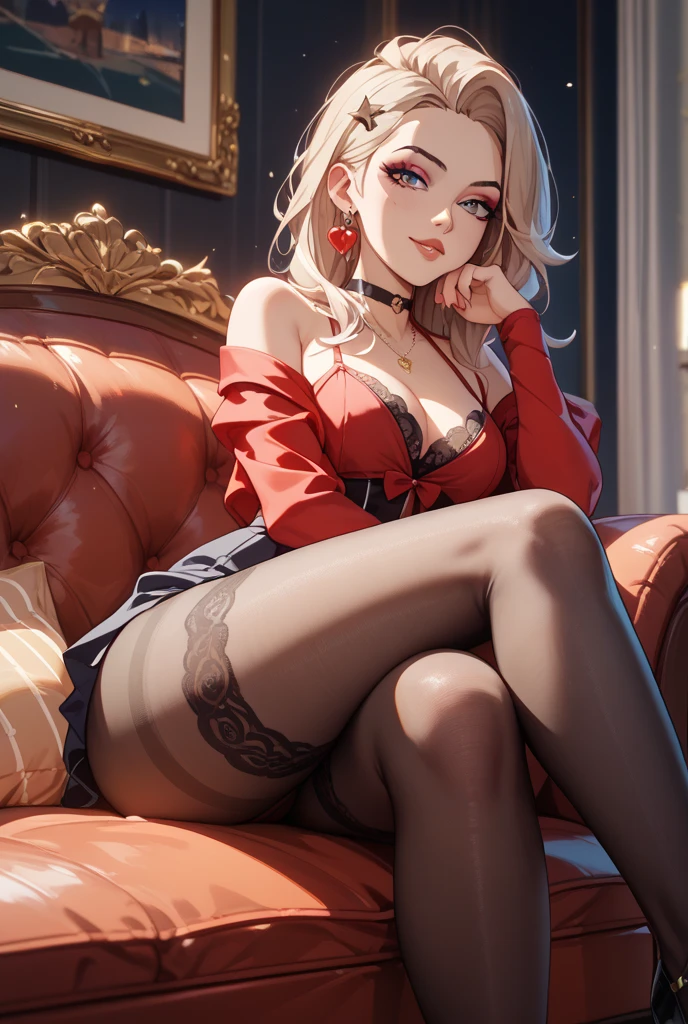 (best quality)), ((masterpiece)), (detailed), perfect face, white hair, white cat ears, white cat tail, DD cup breasts, thick thighs, thick ass, glowing red eyes, smirking, gold hoop earrings, gold designer necklace, off the shoulder white button up blouse, cleavage window, purple lace bra visible underneath blouse, black pencil skirt, slit on the thigh of skirt, lace black and gold striped stockings, sitting in a bed, showing soles of feet, view from below
