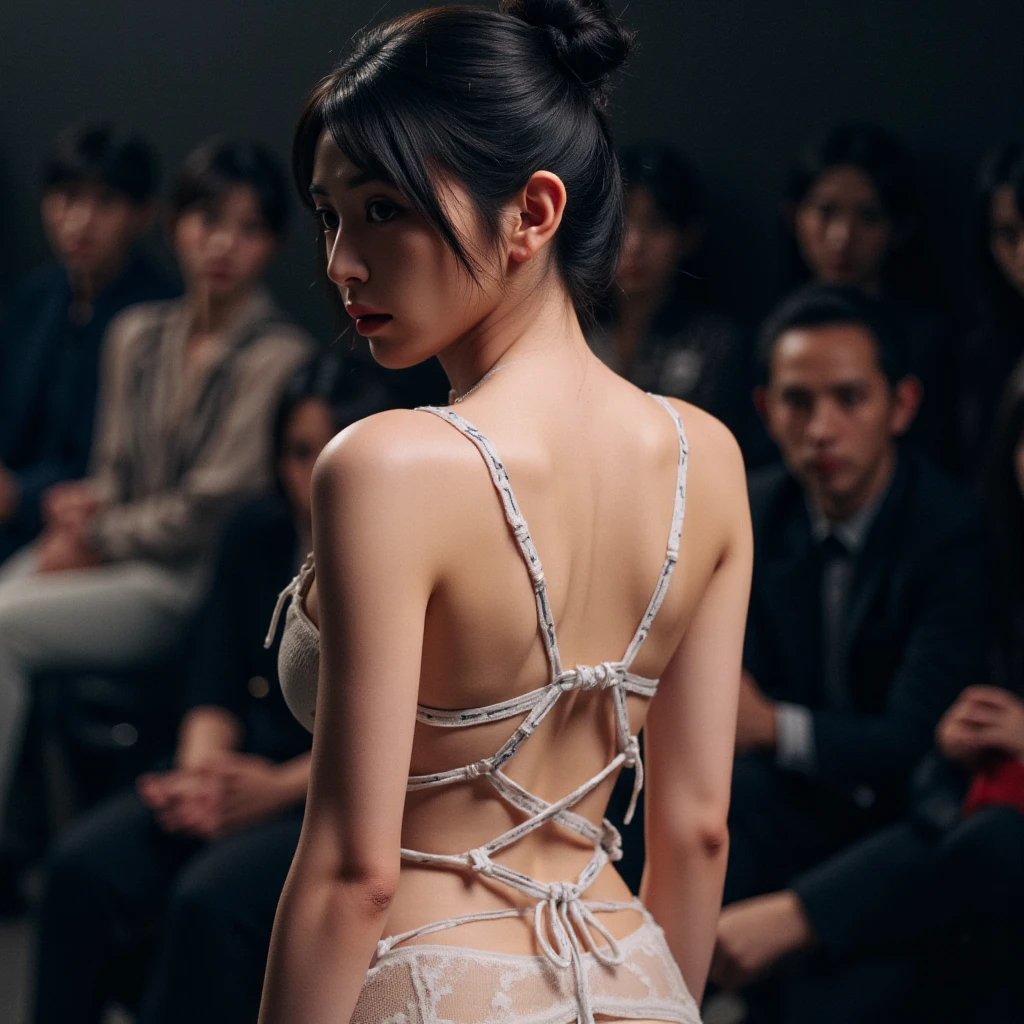 { 1 girl is surrounded by 2 black men, at fashion show run way, (being grabbed on ass), (pouting ass), (cowboy shot) }, { (masterpiece), (absurd resolution), (best quality:1.4), (photo realistic:1.6), (Luminous lighting:1.3), (Chiaroscuro:1.4), (Immersive atmosphere:0) }, { (blushed face:1.2),(weeping:1.2),(ashamed:0),(afraid:1.2),(scared:1.2),(angry:0),(open mouth:1),(tongue out:0),(sexually aroused:0), (shiny skin), (slender body), beautiful huge breasts, (perky nipples:0), (neon color hair), (messy long hair) }, { ((see-through)) dress, off-shoulder, neck choker, (pubic hair) }