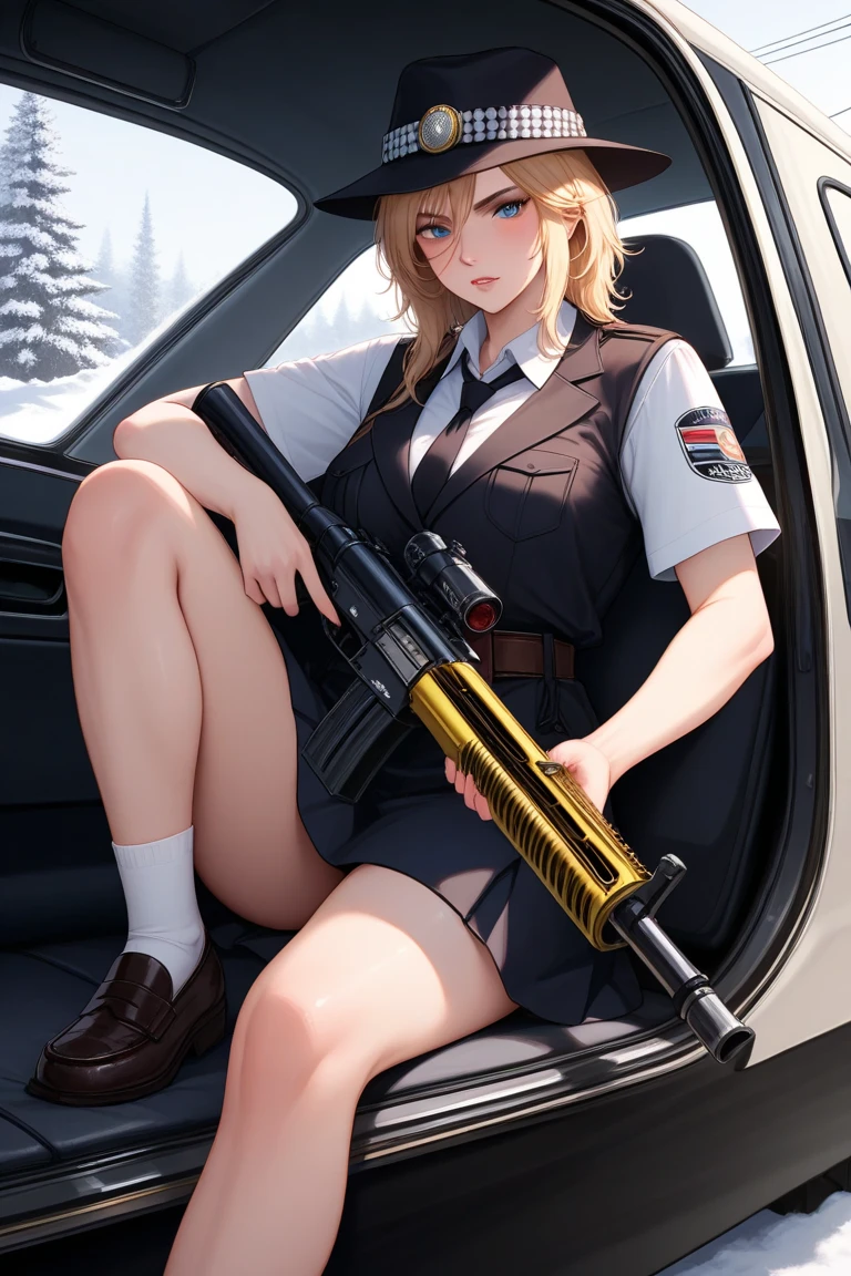 1girl,masterpiec, best quality, highres,  assault rifle, barefoot, (cat ears),  full body,  gun, holding, holding gun, holding weapon, looking at viewer, monochrome, shirt, smile, solo, standing, trigger discipline, weapon, open shirt, no bra,  panties, blonde, (indoors,  interior, room, bedroom, bed), white panties,( small breasts:medium breasts:0.5),  see-through,double bun,  (navel),(between breasts:1.2),  white_skin, horror \(theme\),