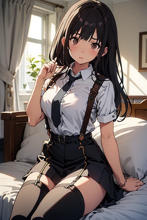 1 female, , high quality, masterpiece, Ultra-high resolution, , Cinema Lighting, , , And the suspenders with the cranes flying　　　Moderate breasts　 　 　　　　Large Breasts　 　 　　　　Small face　 　　　holster　　　　　　　 Lying in bed　Looking up　　　　Sweat 　　　belt　summer　脇Sweat 　Black Hole Gloves　suit　　　　 　garterbelt　Leg Links　ズボンにbelt　　holster　 　　Hands behind your back　 Anxious expression　Looking up　Anxious face　Knee-high　Knee socks　Knee-highソックス garterbelt　garter　ふとももにgarterbelt　Checkered mini skirt　Necktie Headband　ribbon
