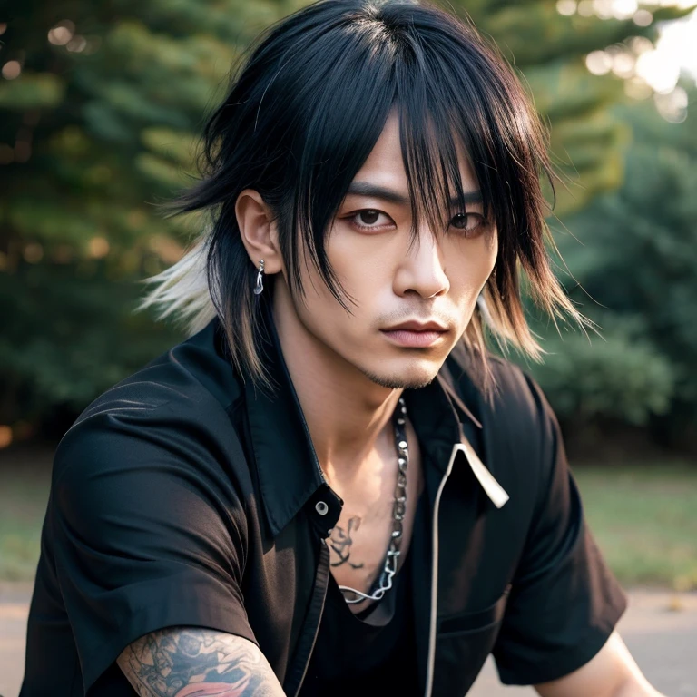 1 japanese male rocker, asien eyes, Visual Kai hairstyle, ultra detailed face and body, hyperrealistic, realistic representation, muscular, broad shoulders, tattoos gothic style, piercings, Visual Kei style, hairstyle Visual Kei, blond, 30 years old, age 30, outfit gothic streampunk, men's shirt and black pants, Asian eyes, eyes Asian, long hair, long hair