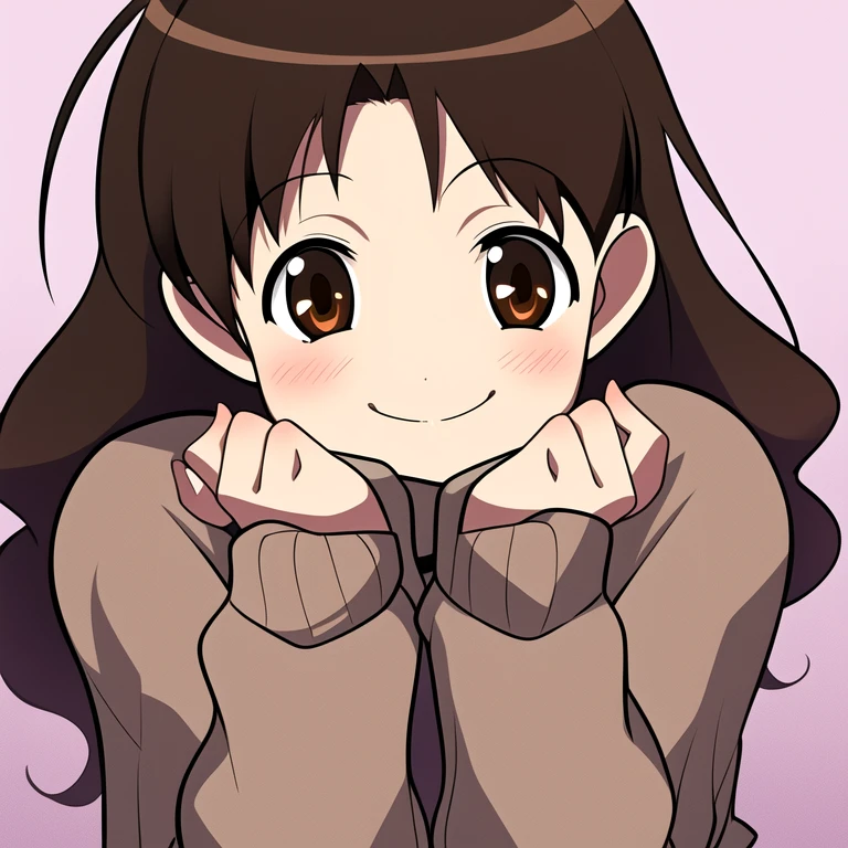 Horikoshi Kouhei, 1 girl, brown hair, brown eyes, long eyes,long hair, happy.
