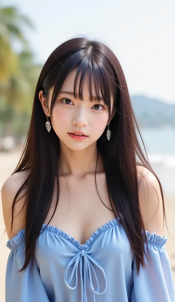 ((highest quality)), ((masterpiece)), (be familiar with), perfect face (1 girl) (She is 18 years old and the most beautiful high school girl in Japan.)((highest quality)), ((masterpiece)), (become familiar with), perfect face arafed woman with long black hair standing in front of a wall, long black shiny hair, 黒いsilky hair, long straight black hair, long black straight hair, Perfect silky straight hair, straight black hair, long black hair, her hair is long and straight, detailed long black hair (Big breasts as big as dodgeballs 1.4)(big breasts 1.4) (Super long hair down to the ankles) (standing model) sensual look erotic expression neat bangs The neatly trimmed bangs are princess cut and cover the entire forehead.. bright red lips fine hands fine fingers five fingers sexy make up beautiful japanese girl face, Japanese facial features, Realistic young gravure idol with long hair Shiny long hair, long black shiny hair, long, straight brown hair, her hair is long and straight, super long hair girl, black silky hair, long black hair, silky hair, Long flat hair, Silky texture, with long hair, long flowing brown hair, thin and shiny hair Detailed white beautiful human body anatomically correct skin detailed eyes detailed mouth the corners of the mouth rise slightly (lips are thin) blushing face front view serious expression (bikini) (She walks along the sandy beach with the blue waters of Palau in the background My long hair is blowing in the wind)