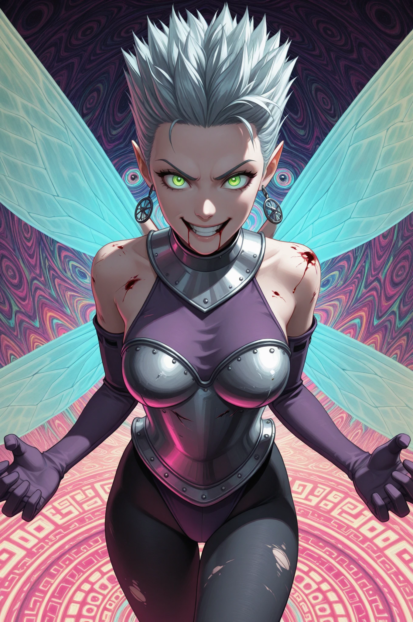 Galena,white hair,brown eyes,green skin,floating hair,
red leotard,cleavage,elbow gloves,wings,bare shoulders,
standing,upper body,evil smile,hips,
open arena,plains,night,
(insanely detailed, masterpiece, best quality),<lora:Galena:0.8>,