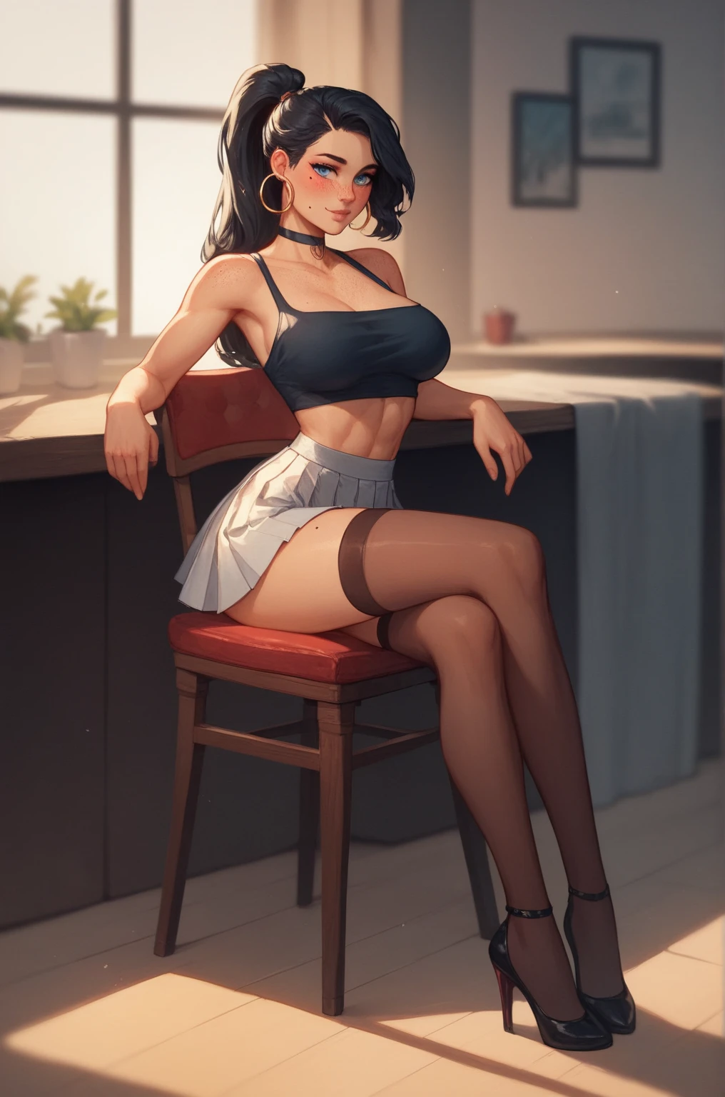 A composition looking down from a viewpoint positioned diagonally above and in front, nsfw, one woman, solo, breasts, skirt, big breasts, cleavage, underwear, panties, vivid colors, pantyhose, legs apart, miniskirt, upskirt, pencil skirt, panties under pantyhose, crotch seam, A full-color manga depicting a woman with short, dark brown hair in a bob cut and wearing a black, shoulder-hanging, corset-like short camisole. She is a stunning 20-year-old beauty with a model-like body, big breasts, a beautiful butt, and beautiful legs. She is sitting on a simple pipe chair right next to the table. The woman's right hand is resting on the tabletop beyond her upper arm, and her left hand is hanging over the back of the chair. The woman's right leg is lifted by her thigh and bent at the knee, so that the end is placed on the tabletop, and her left leg is spread to the side, then straightened out and bent at the knee, stomping on the floor. She is wearing a short red skirt, beige pantyhose, and black lace panties underneath. She is wearing black stiletto heels on both feet, with the sole of her right foot visible on the table and her left foot lightly placed on the floor. The room is a typical interrogation room, with a table and chairs. There are rows of fluorescent lights on the ceiling, the floor is made of linoleum that has been polished to a mirror finish, and there is a single small window in the wall with iron bars., (masterpiece, incredibly absurd resolution, absolutely resolution, ultra high resolution, professional, entire sharp focus, Depth of Field, 16k, perfect anatomy, ideal facial features, ideally proportioned figure, perfectly beautiful body, super detailed skin, glossy skin, glistening skin), 1mature adult woman, 20yo, fearless face, Slanted eyes, Sharp eyes, dark lips, soft and curvy, body conscious, collarbone, cleavage, saggy huge breasts, camel toe, Long beautiful legs, (Love juice, Wet and moist panties, steam), look up, looking up at viewer, Dutch Angle