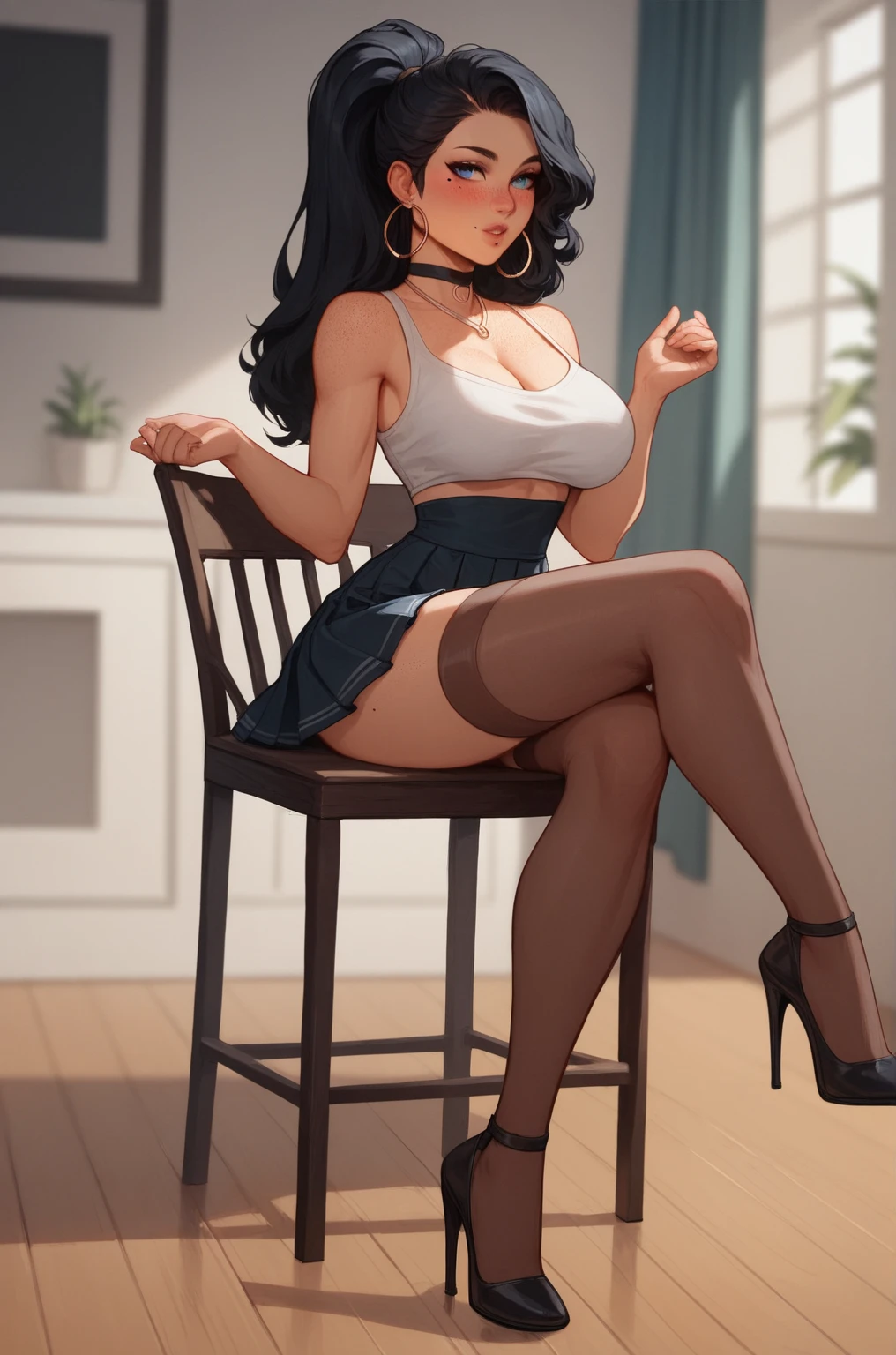 masterpiece, best quality, club room, art room, shelf, light particles, spider web
BREAK
1girl, solo, sitting, teacher, chair, facing viewer, modeling
BREAK
<lora:EPfeNel-07:0.8>, 1girl, solo, epfenil, short hair, black hair, red eyes, open mouth, parted lips
BREAK
pink shirt, collared shirt, sleeves pushed up, shirt tucked in, collarbone. cleavage, partially unbuttoned
BREAK
black skirt, garter straps, garter belt, thighs, (black thighhighs:1.2), sitting, on chair, convenient leg
BREAK
reflection, reflective floor
