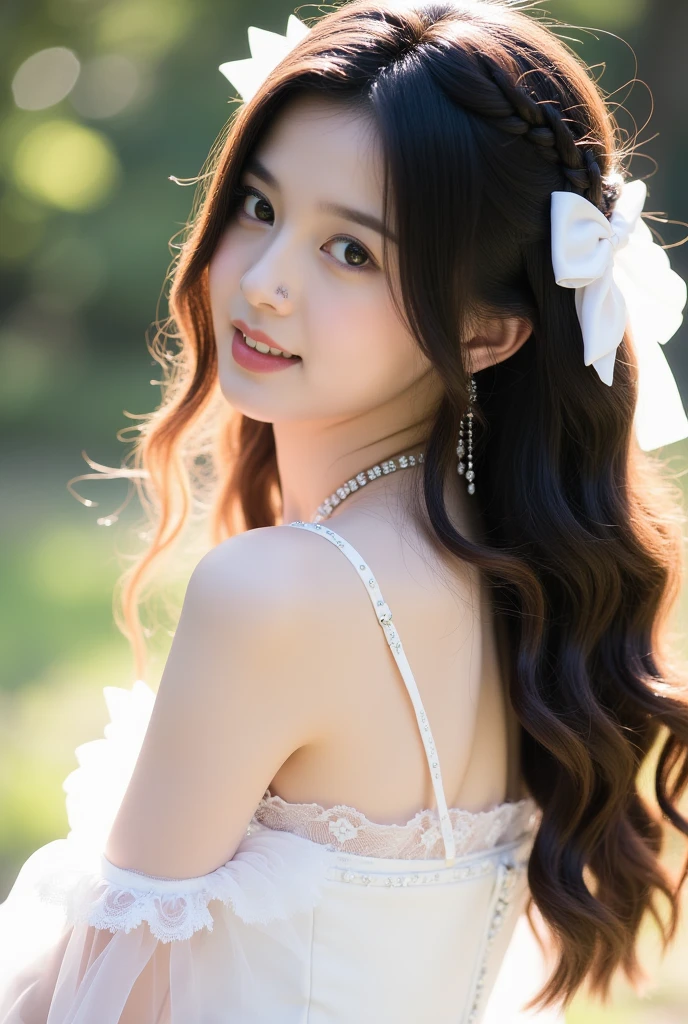 Highest quality ,masterpiece,Ultra-high resolution, very beautidebtul, cute, (Photorealistic:1.4), One girl, Japanese, Brown Hair, Cinematic, 35mm lens, debt/ 1. 8, Accent lighting, 8k, empire wedding dress, Cleavage, close, smile,Grassland Background, blue sky,