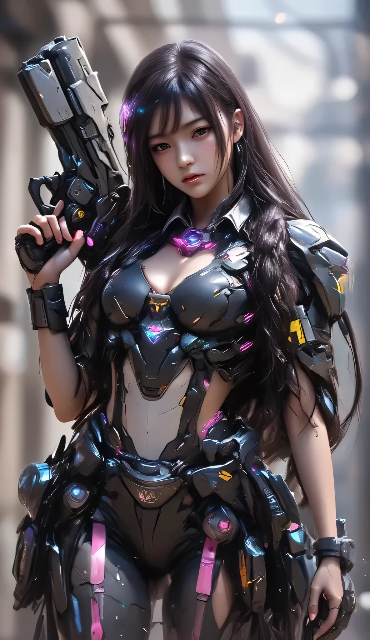computer traitor , 1 Girl , [agent,drooping eyelids,Thick lips, Teeth Tightening ,Cutting,side braid,wristband, Black Combat Suit , Body Armor , With Belt , Extreme Sneakers , Visible from afar ,holding a gun ,Magic Ring ,Silhouette, Ice System Reform,((fullbody)