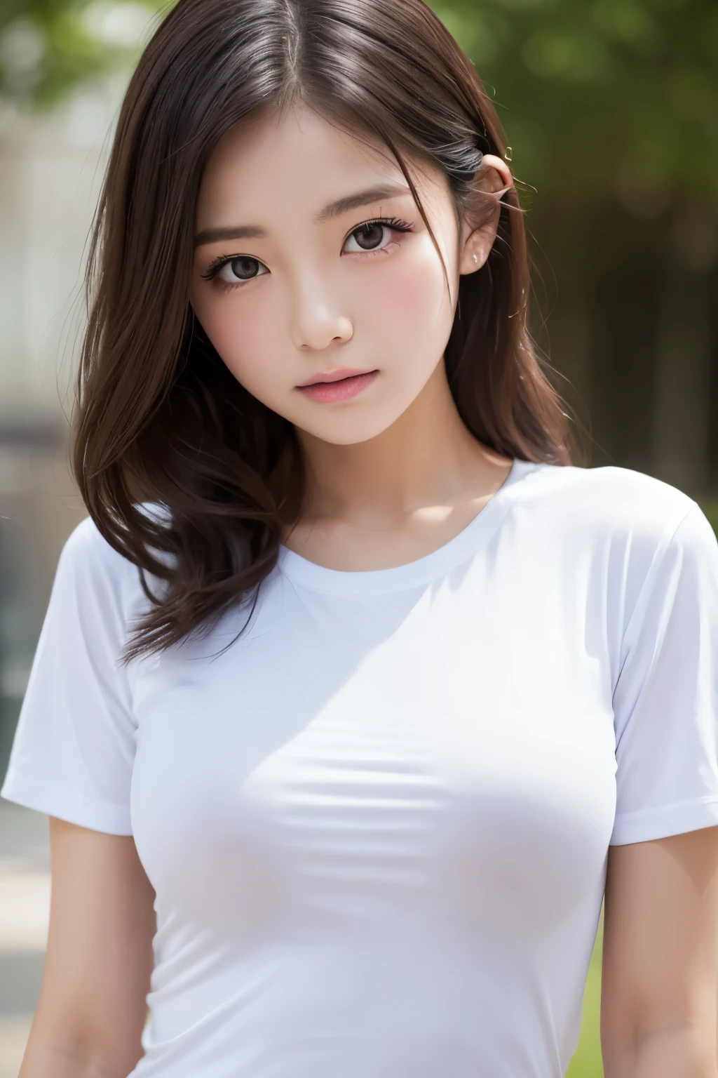 Highest quality, 8K, masterpiece :1.3)), whole body, Sharp focus :1.2, Beautiful woman with perfect figure :1.4, Slim Abs :1.2, ((Dark brown hair, Big Breasts :1.2)), (masterpiece:1.3), (8K, Photorealistic, Raw photo, Best image quality: 1.4), Japanese schoolgirl、Super detailed face、Attention to detail、double eyelid、Put your chest together、Sharp focus:1.2、Beautiful woman:1.4、Light brown hair、Highest quality、masterpiece、Ultra-high resolution、(Photorealistic:1.4)、Highly detailed and professionally lit smile、Tight T-shirt、Denim shorts、thin、Serious expression、Beautiful short hair hairstyle、Beautiful Hair、whole body写真