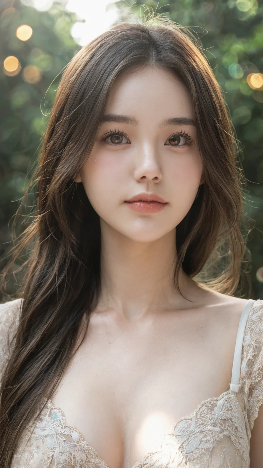 realistic photos of 1 cute Korean star, straight hair, white skin, thin makeup, 32 inch breasts size, wearing tank top, sitting in playground, close-up portrait, UHD
