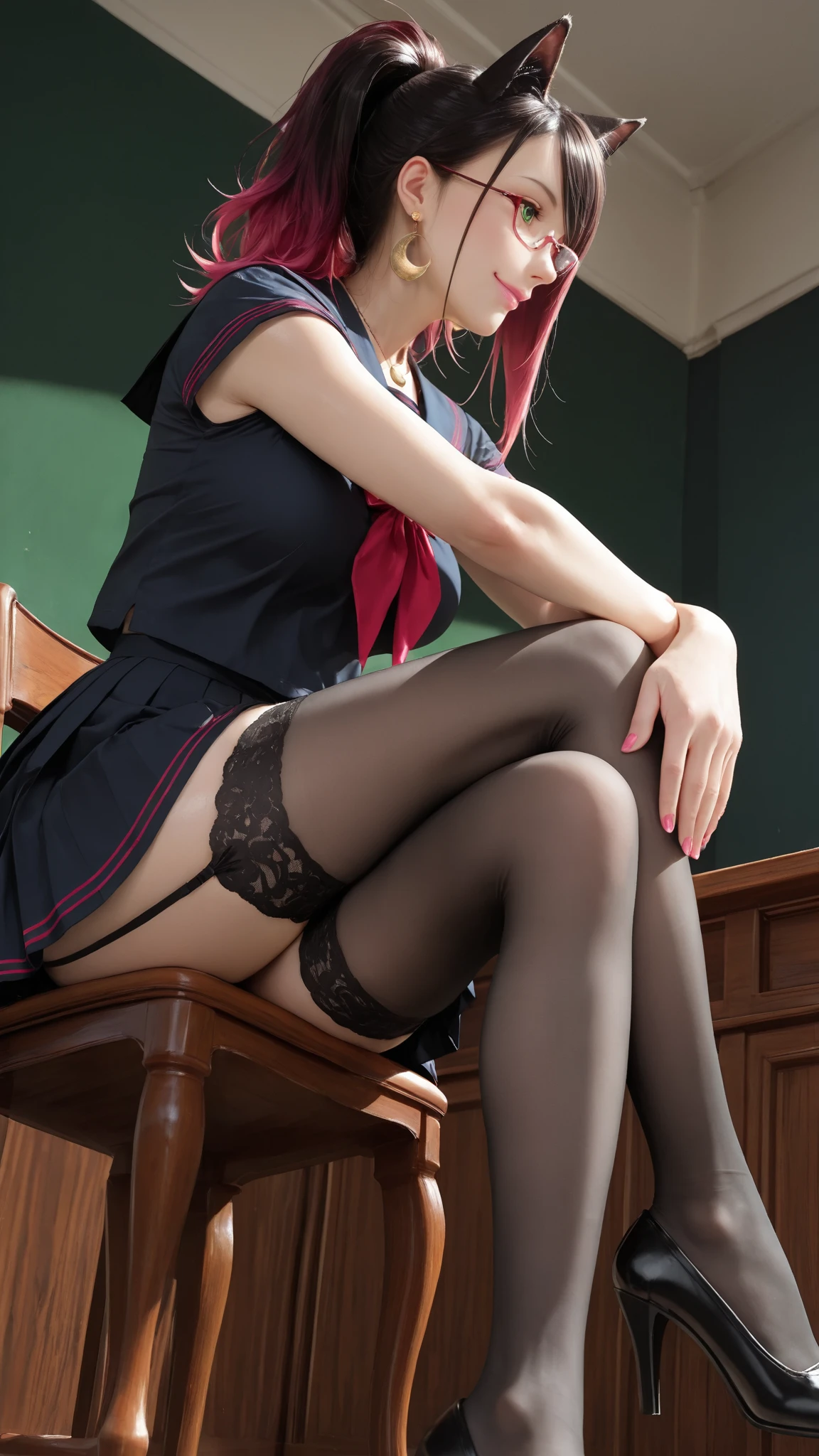 ((SFW)), (1.femele, Solo), Ultra-realistic capture、ighly detailed、High resolution 16k close-up of human skin、Skin texture must be natural、Details: The extent to which pores can be identified in detail、Skin looks healthy、Uniform color tone、Use natural light and color、(masutepiece, Best Quality, High quality:1.4), Professional artwork, Intricate details, field of views, Sharp Focus, detailed photo, masutepiece, Cinematic lighting, trending on pixiv, (Vibrant lighting, Vibrant colors, by Nagasawa Rosetsu:1.05), Hiroko Takashiro, (maturefemale, A MILF:1.1), Solo, (Curve:1.1), looking down to viewer, Smile on his face, ((From below:1.5)) Looks Back, ((Leaning forward)), seen from back, Office, (Full body shot:1.1), (Red hair:1.05), Long hair, lip stick, makeup, Ultra Detail Hair, ultra detail face, (Purple eyes:1.05), Perfect eyes, Perfect face, earrings, (Confused, blush:1.2), Red bow knot tie, Pull off your shirt, Jacket, (black thighhighs, Garter Belt:1.1), zettai ryouiki, Red pencil skirt, Office Uniform, high-heels, (Large breasts:1.1), cleavage, Big ass, thighs thighs thighs thighs, Show panties, ((From the hem of the lifted skirt to the crotch))