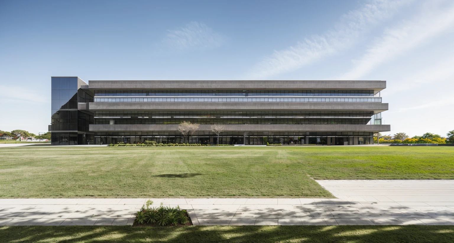 A modern corporate office building 4 storey, red , white facade, [few windows] , [few glass wall], minimalist and clean architectural style. The structure is multi-story with wide windows, minimal glass facade, sleek design lines, and a contemporary main entrance. Surrounded by green lawn and clear blue sky, with flags fluttering at the front. A company logo is displayed on the facade. Shot in daylight from a cinematic wide-angle perspectiv