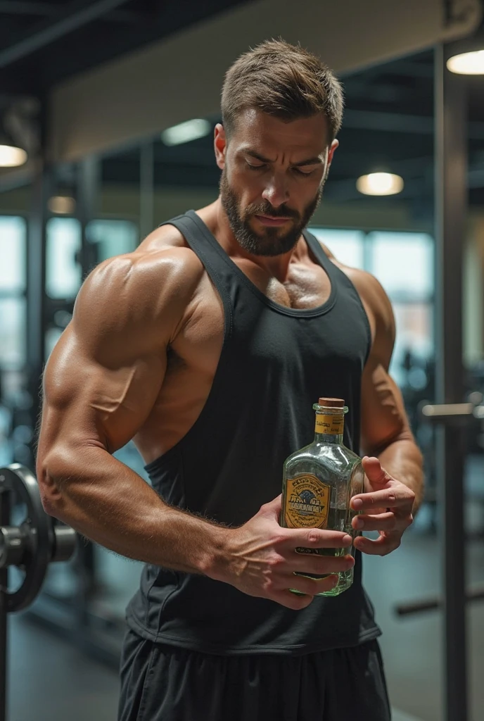 a white male bodybuilder with blonde hair holding a small jar it should be a full body view and the avatar should be wearing shorts the background would be of a gym 
