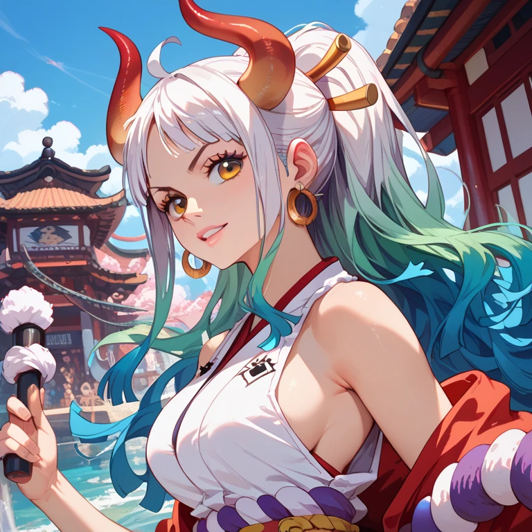 Highest quality, masterpiece, Absurd resolution, Ultra-high resolution, 8k, , Realistic, Bright colors, , Vibrant color palette, Great studio lighting, Very detailed, , Detailed Hair, Detailed fabric, BREAK , YamatoV2(one piece), sexy Pose, Perfect body skinny, Beautiful eyes, Beautiful Lips, , , sexy, horn(Wrapping , Left and right pair, multicolo Red), large breasts , Cleavage, Slim waist, smile, Torn clothes, Loincloth, , , Bright colors, ,The clothes are see-through , full-body, dynamic angle, (background is Japanese Castle)