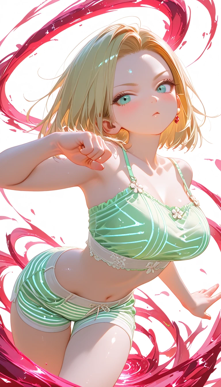 ((((masterpiece, Highest quality, High resolution)))),Ultra HD 8k 1 girl, Green Hair,Purple eyes, Short Wavy Hair, Bobcut, (Very large breasts: 1.2), (Very big ass)blush, A light smile, shine, Thighs, Bare shoulders, clavicle, Tight waist, Cleavage, (Beautifully detailed face, Beautiful detailed eyes with large pupils,Drooping eyes), long slender Thighs, Perfect Eyes, Looking at the audience, Captivating looks, Seductive pose, The crotch of her panties is visible,wTranslucent,Beige and black lace lingerie,View from behind