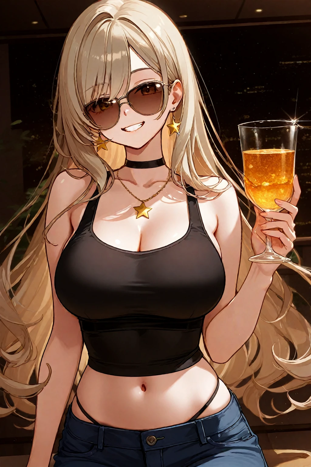 anime girl in a gold outfit holding a beer, Seductive Anime Girl, draped in shiny golden oil, anime goddess, Top Rated on pixiv, Gold Bra, beautiful alluring anime woman, golden corset, band of gold round his breasts, with a drink, feminine, Very detailed ArtGerm,