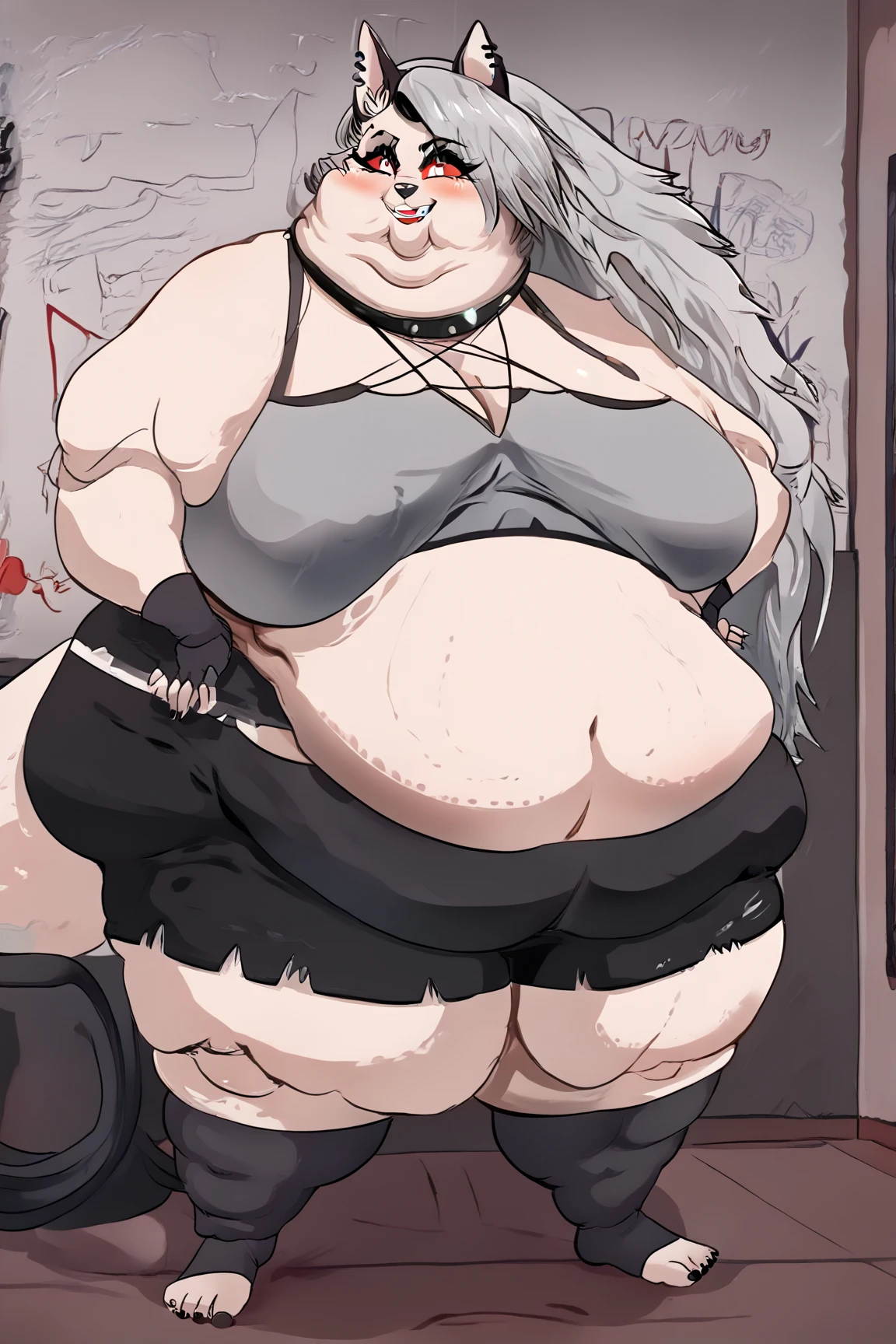 1girl, top heavy figure, (((incredibly big chest))), ((saggy chest)), plump, incredibly plump, ((big belly)), (((big tits))), pout, embarassed, wide, (((obese))), (((fat))), ((love handles)), double chin, out of shape, obese, fatty, shortstack, short woman, big bossom, ((milf)), small height, mature, standing, full body, bbw, ssbbw, sakamata chloe, grey hair, red eyes, red bikini, medium hair, hood, pantyhose, high heels