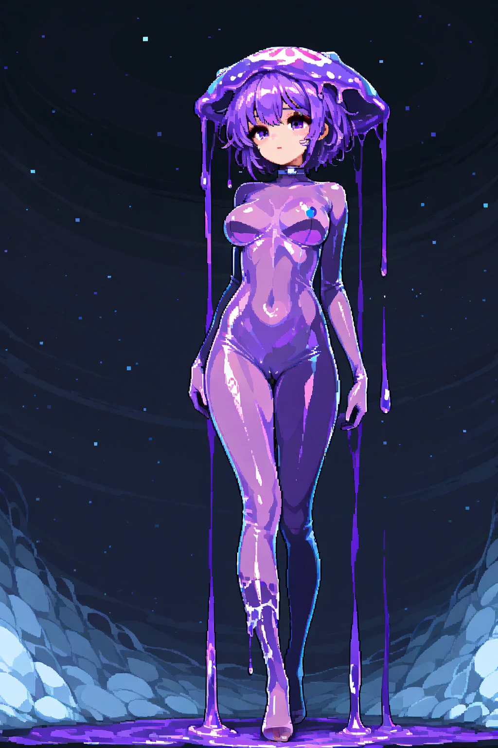 ((picture-perfect)), ((face perfect)), ((ultra detaild)), ((fully body)), ((perfectbody)), girl with long purple snake-shaped hair, girl walking in water, red eyes purple hair