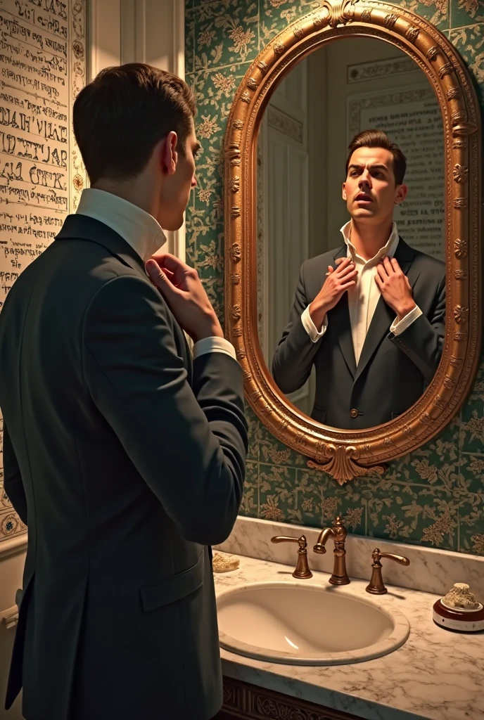 Illustration of a very vain man admiring his own image reflected in the mirror