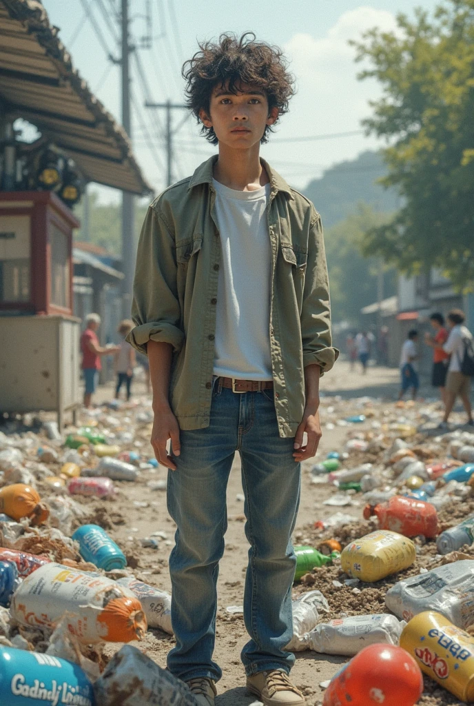 "a child boy with a watermelon in his hand, standing in the middle of destroyer city, looking at the viewer, watermelon eat