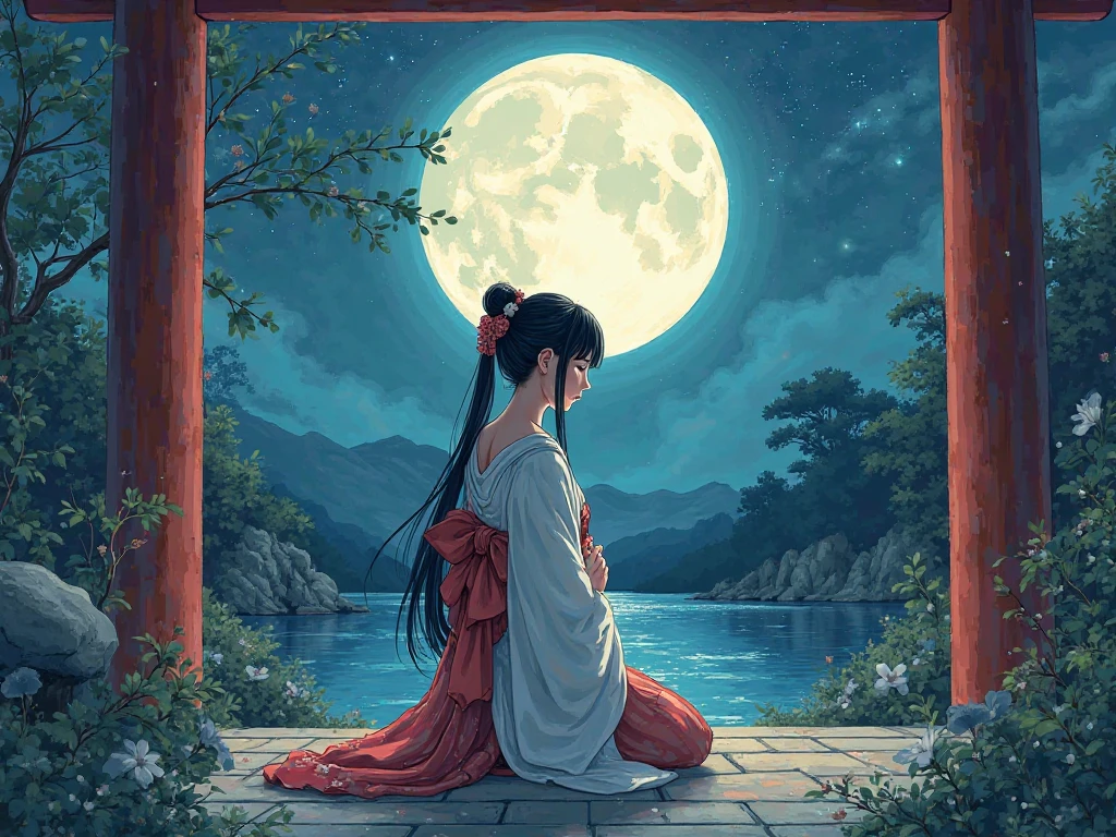 At night, Only moonlight illuminates, Distorted Moon, Distant Mountain々, Beautiful large lotus flower nearby, Big red lotus flower, Water flowing nearby, Frog, Summer full of joy, Distorted Moon in the sky mixed with stars, Awesome Wallpapers, Rainy night, Rainy night, Beautiful and beautiful, movie, High detail ((heavy rain))), 8K　Woman wearing Ao Dai
