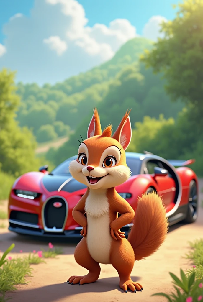 Make a creative art cartoon art for a fennec riding in a sports car racing and about to win
