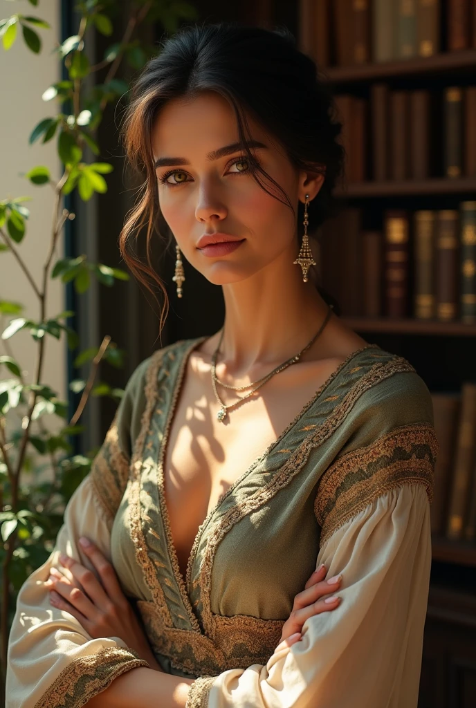 bouquet of wildflowers, pretty young peasant woman watering the flowers, open window with stormy sky, old wooden table, Romanticism, backlighting, ray tracing, f/16, Canon, masterpiece, high quality, 8k
