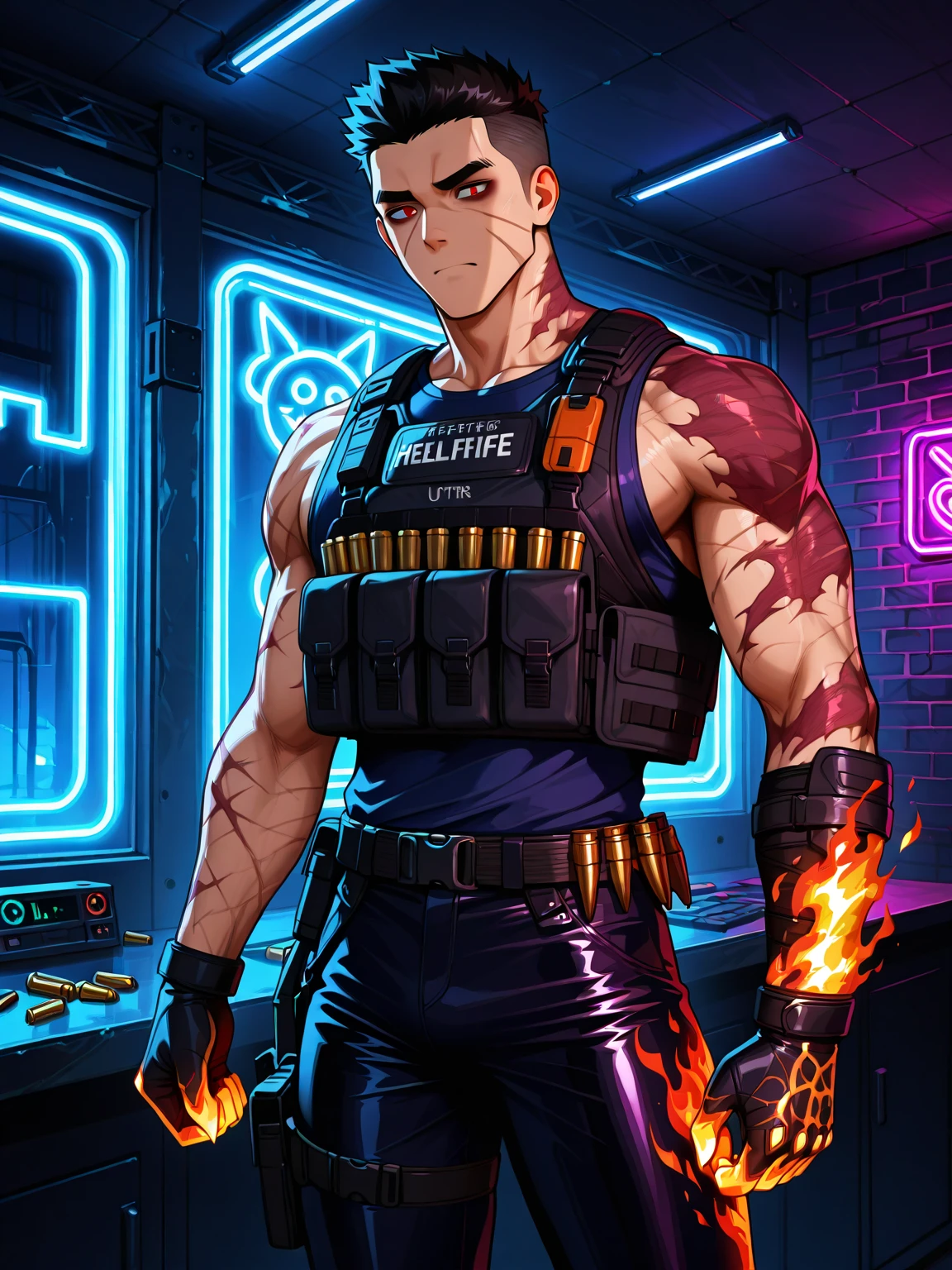 Man with a prosthetic leg, transparent tubes coming out of the prosthetic pumping a green liquid, black gasmask with bright green details, wearing a masculine crop top with the letter R on it and pants with one leg. Anime Style