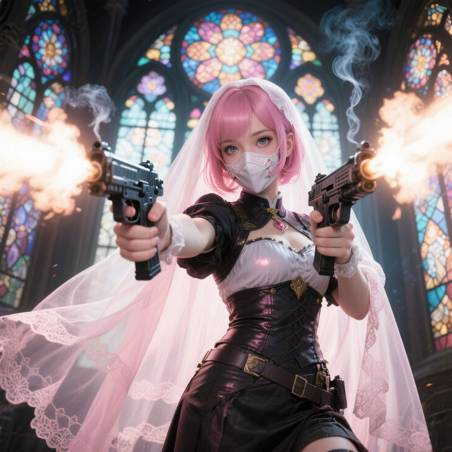 highest quality、Surreal、Perfect Anatomy、Crowded busy street、Surrounded by spectators、Crowd、Wet and shiny white skin、Sweat dripping all over the body、Slender model figure、Ahegao、Silver and pink hair、soaked、Super small face、Collars and Leads、Large cleavage、Cyberpunk City、photo shoot、Japanese sword、Micro Bikini、