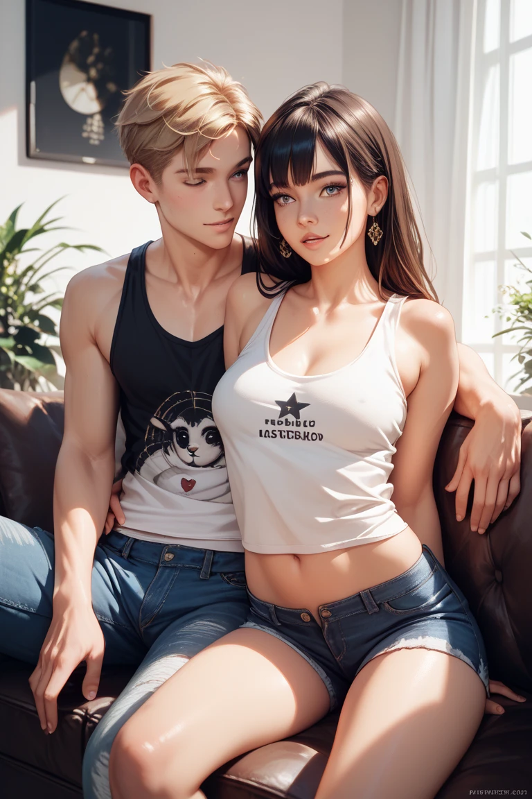 Male and female couples female with brown hair and blue eyes sitting on a chair wearing a tight skirt and low cut shirt。male with blonde hair a beard hugging from behind。male in long pants and no shirt。provocative gaze、The girl has a shy face