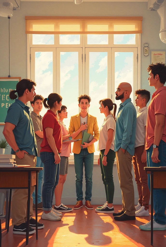 Uruguayan classroom with teenagers observing a falling statistic 