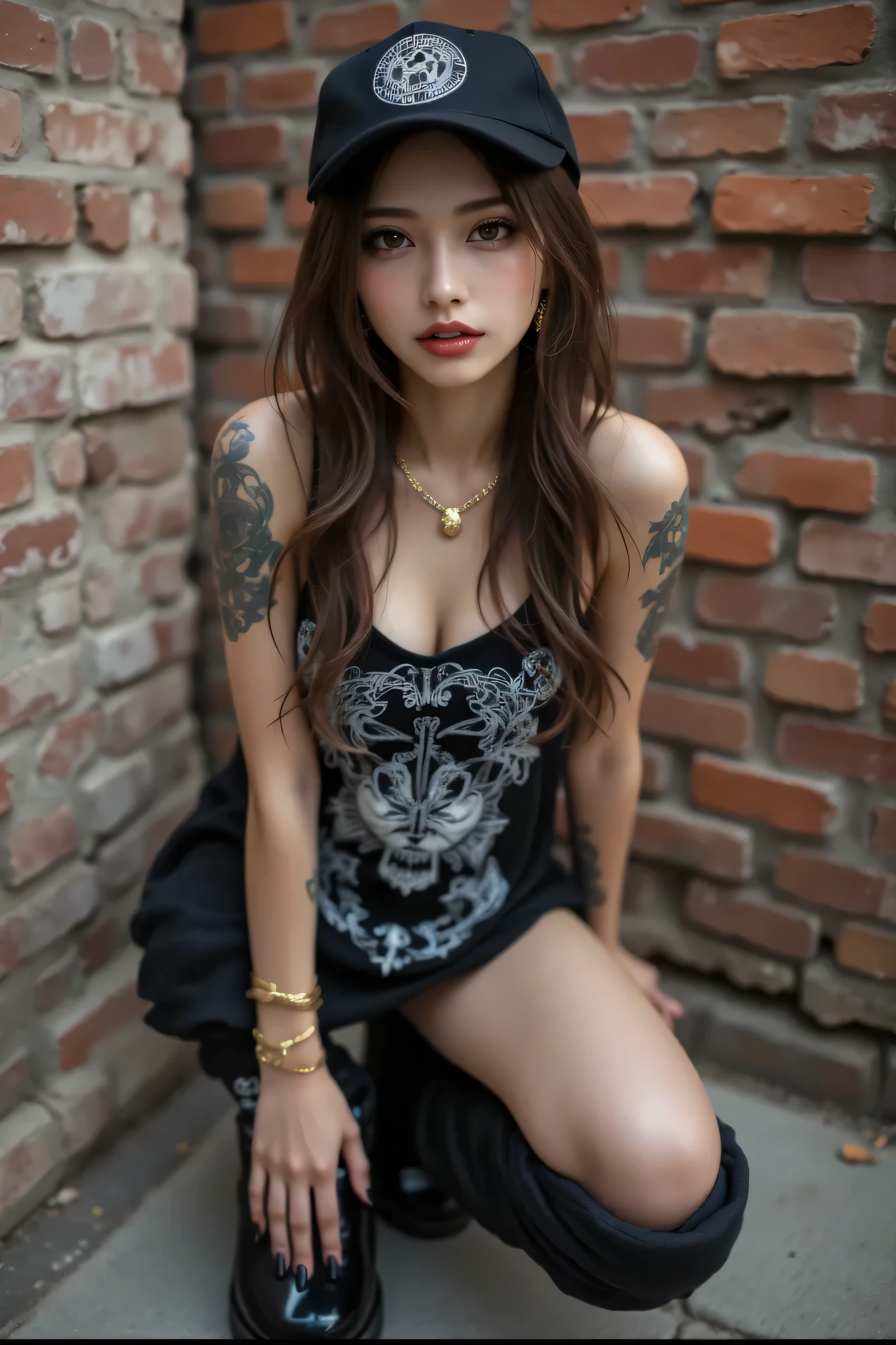 (masterpiece, photorealistic:1.4, extremely intricate:1.3, radiosity, photon mapping, dtx, 8K), intricate details, sharp focus, professional, real life, dynamic pose, BREAK (((Muscular woman, ((body tattoos:0.4, (lounging, black skirt), blackout goth eyeshadow, red lipstick)), golden hour, ((long orange wavy hair, [flat chest:medium breasts:0.8]), indoors, couch), pouting, freckles: 0.7)))