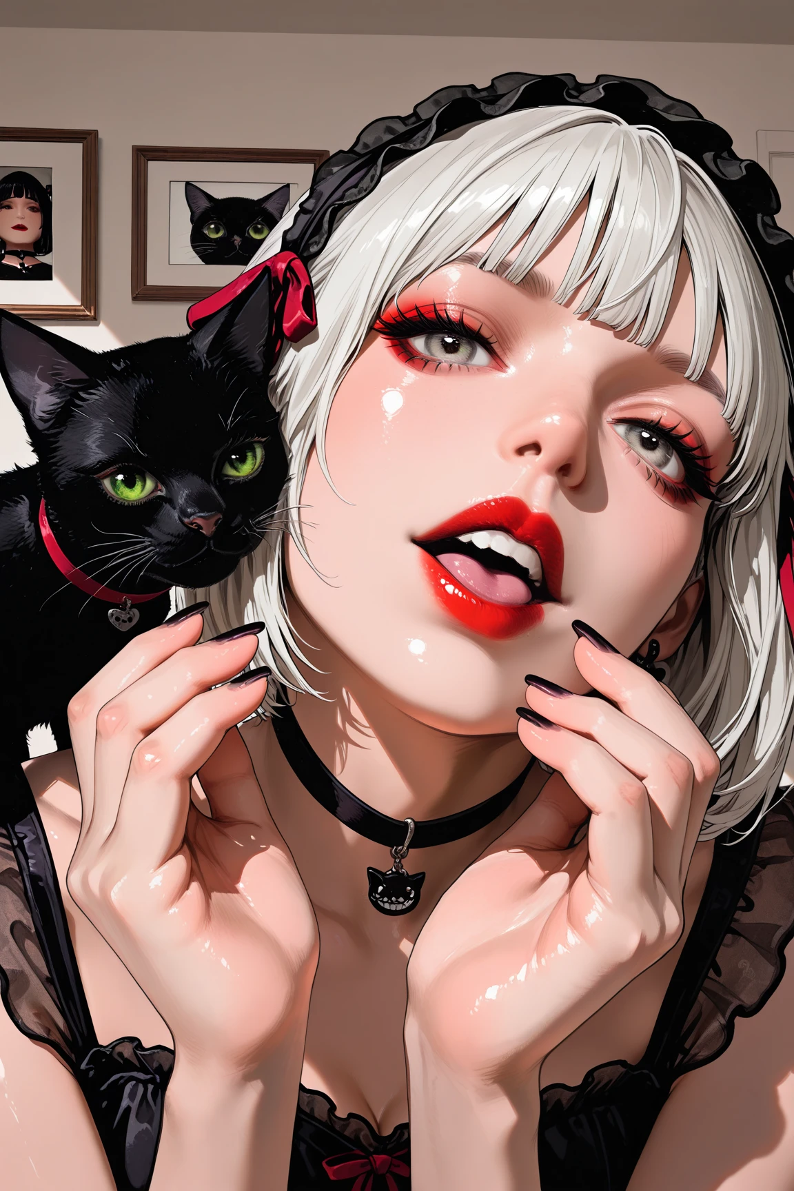  Illustration of a black cat,place a black cat in the center of the screen,I wear a choker on the black cat, ,holding a black cat,place the black cat in the center of the screen,Gothic black cat close-up {X} women can see through the camera、Only hands are shown,teddy bear illustration ,  Vivid details,  artilove blow style    , ,  close-up photo , photorealistic  ,  very detailed,black hairｋｉｋｉred ribbon /(Greatest Masterpiece/top quality/high resolution)Hydrated red lips/"shiny skin that floats on the lower back"nails/close his mouth//and bathes in blood